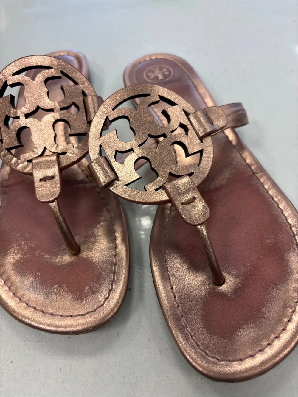 Tory Burch Rose Gold Leather Logo Sandals